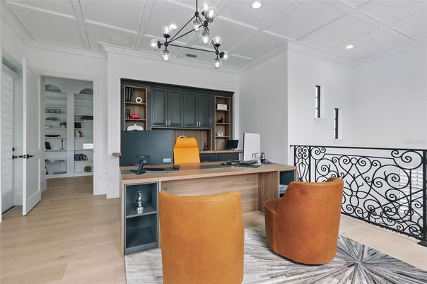 Home Office, Interior, Pendant Lights, Recessed Lighting, Wood Texture Flooring