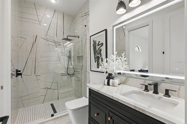 Bathroom, Glass Shower, Interior, Marble Walls, Recessed Lighting