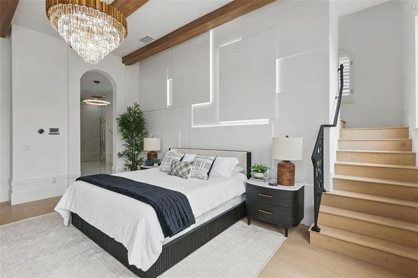 Bedroom, Chandelier, Interior, Wood Texture Flooring