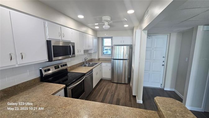 Interior, Kitchen, Recessed Lighting, Stainless Steel Appliances, Wood Texture Flooring
