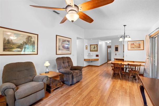 Dining room, Interior, Pendant Lights, Recessed Lighting, Wood Texture Flooring