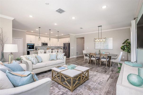 Dining room, Interior, Kitchen, Living room, Pendant Lights, Recessed Lighting, Stainless Steel Appliances, Wood Texture Flooring