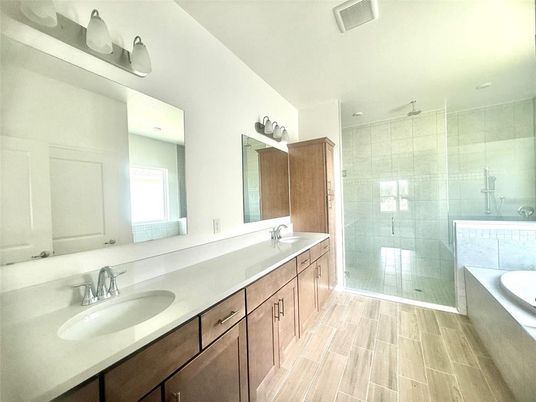 Bathroom, Dual Sink Vanities, Glass Shower, Interior, Wood Texture Flooring