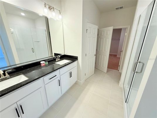 Bathroom, Dual Sink Vanities, Glass Shower, Interior, Recessed Lighting