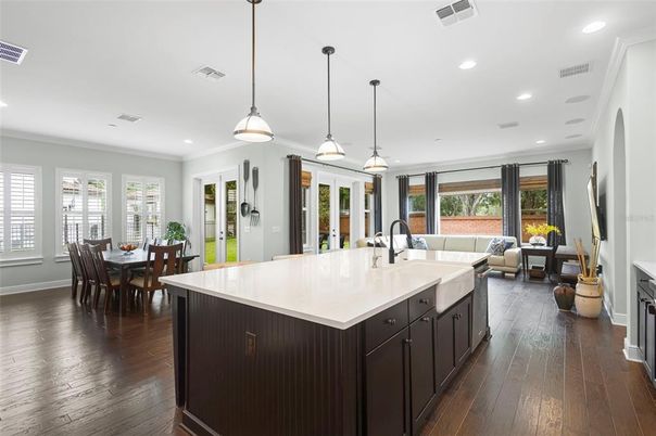 Dining room, Interior, Kitchen, Living room, Pendant Lights, Recessed Lighting, Wood Texture Flooring