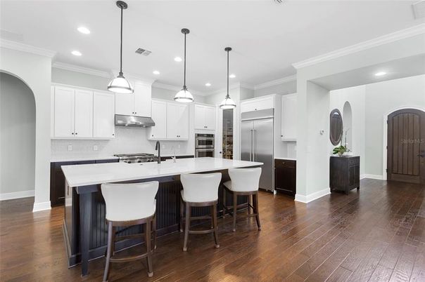 Interior, Kitchen, Pendant Lights, Recessed Lighting, Stainless Steel Appliances, Wood Texture Flooring
