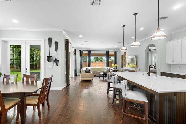 Dining room, Interior, Kitchen, Living room, Pendant Lights, Recessed Lighting, Wood Texture Flooring