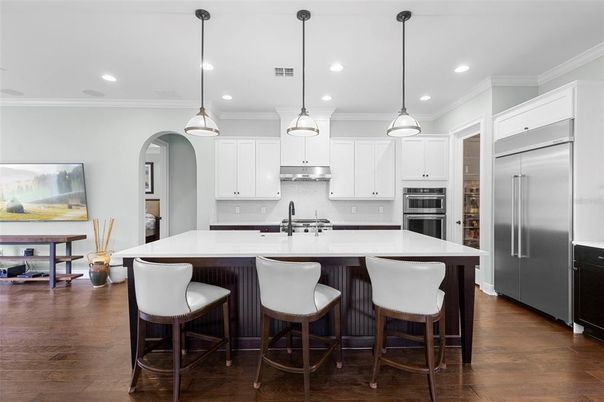 Interior, Kitchen, Pendant Lights, Recessed Lighting, Stainless Steel Appliances, Wood Texture Flooring
