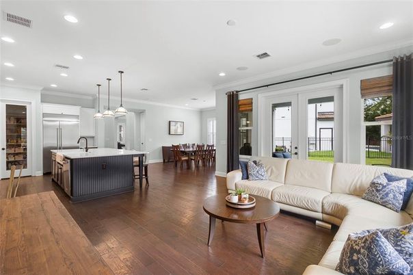 Dining room, Interior, Kitchen, Living room, Pendant Lights, Recessed Lighting, Stainless Steel Appliances, Wood Texture Flooring