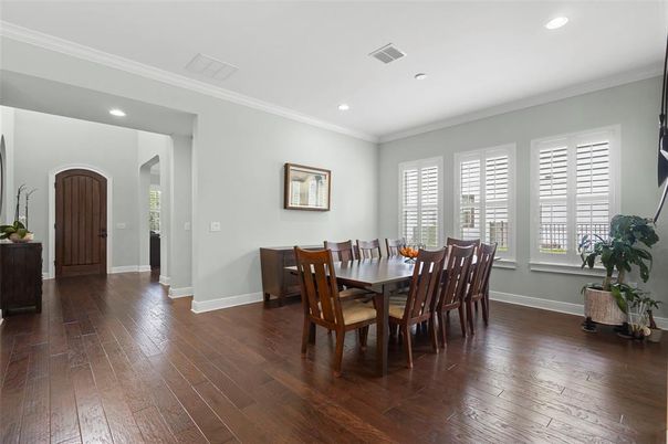 Dining room, Interior, Recessed Lighting, Wood Texture Flooring