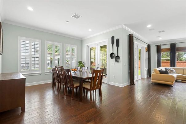 Dining room, Interior, Living room, Recessed Lighting, Wood Texture Flooring
