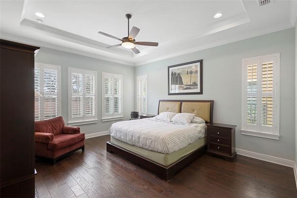 Bedroom, Interior, Recessed Lighting, Wood Texture Flooring