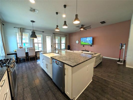 Dining room, Interior, Kitchen, Living room, Pendant Lights, Recessed Lighting, Wood Texture Flooring
