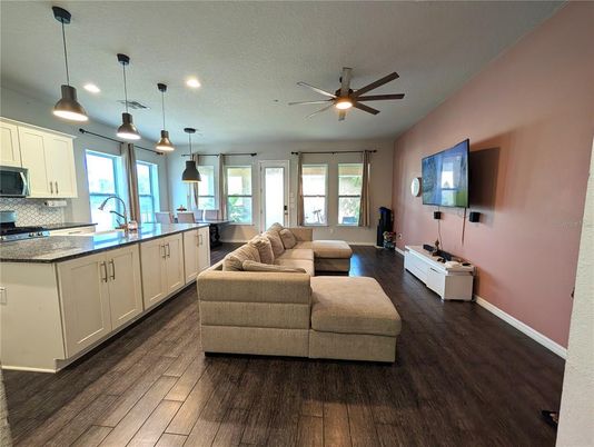 Interior, Kitchen, Living room, Pendant Lights, Recessed Lighting, Wood Texture Flooring