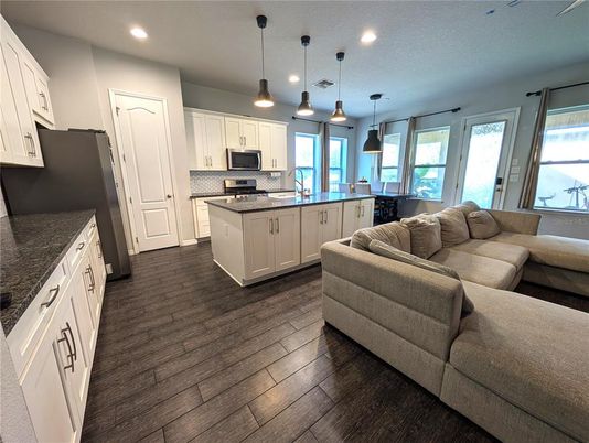 Interior, Kitchen, Living room, Pendant Lights, Recessed Lighting, Wood Texture Flooring