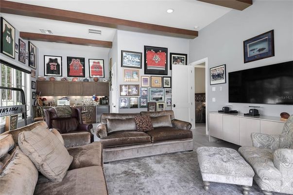 Interior, Living room, Recessed Lighting, Wooden Beams