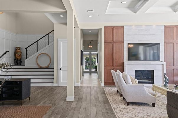 Fireplace, Interior, Recessed Lighting, Wood Texture Flooring