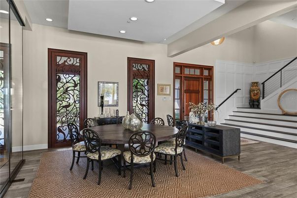 Dining room, Interior, Recessed Lighting, Wood Texture Flooring