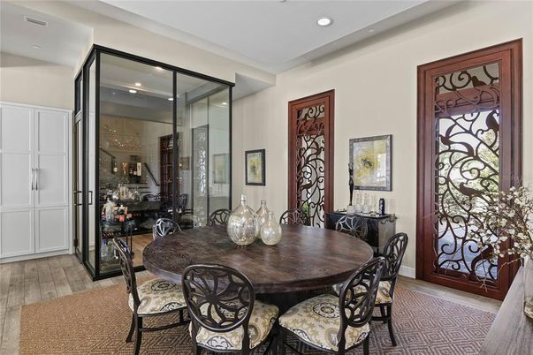 Dining room, Interior, Recessed Lighting, Wood Texture Flooring
