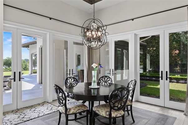 Chandelier, Dining room, Interior, Wood Texture Flooring