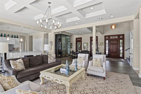 Chandelier, Interior, Living room, Pendant Lights, Recessed Lighting, Wood Texture Flooring