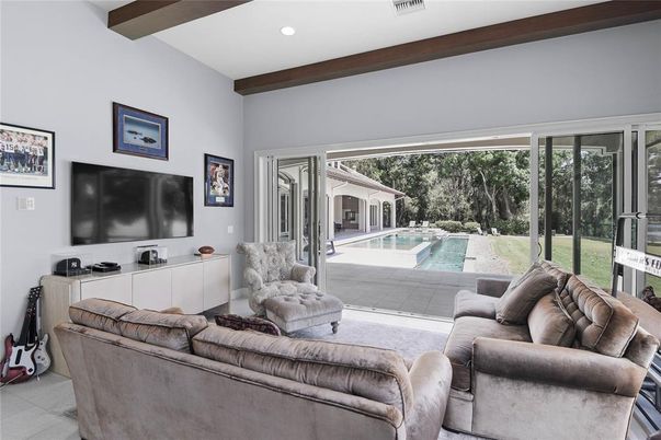 Interior, Living room, Recessed Lighting, Wooden Beams
