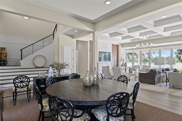 Chandelier, Dining room, Interior, Living room, Recessed Lighting, Wood Texture Flooring