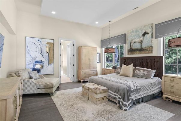 Bedroom, Interior, Pendant Lights, Recessed Lighting, Wood Texture Flooring
