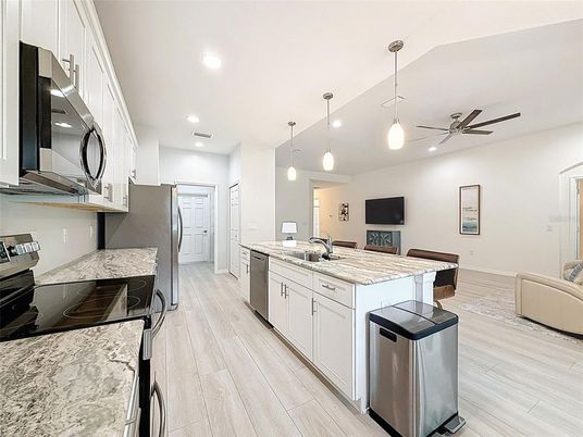 Interior, Kitchen, Pendant Lights, Recessed Lighting, Wood Texture Flooring