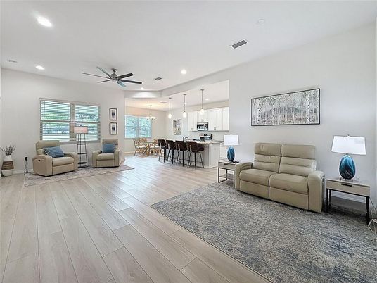 Dining room, Interior, Kitchen, Living room, Pendant Lights, Recessed Lighting, Stainless Steel Appliances, Wood Texture Flooring
