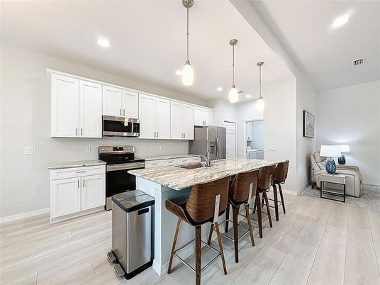 Interior, Kitchen, Pendant Lights, Recessed Lighting, Stainless Steel Appliances, Wood Texture Flooring