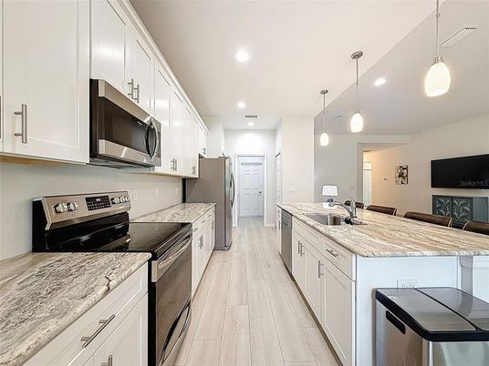 Interior, Kitchen, Pendant Lights, Recessed Lighting, Wood Texture Flooring