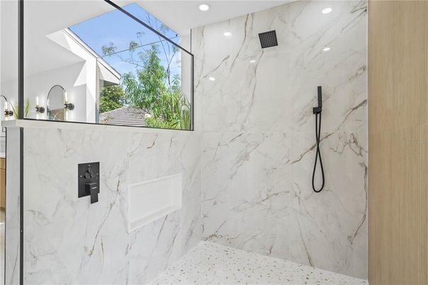 Bathroom, Glass Ceilings, Interior, Marble, Marble Walls, Recessed Lighting