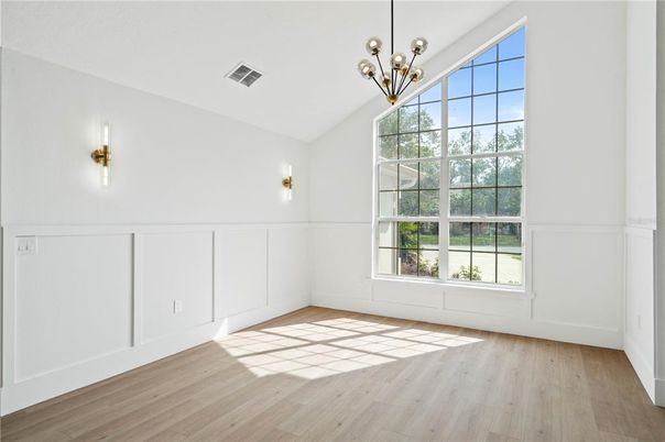 Empty room, Interior, Pendant Lights, Wood Texture Flooring