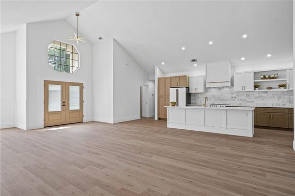 Interior, Kitchen, Pendant Lights, Recessed Lighting, Wood Texture Flooring
