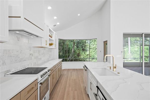 Interior, Kitchen, Marble Walls, Recessed Lighting, Wood Texture Flooring