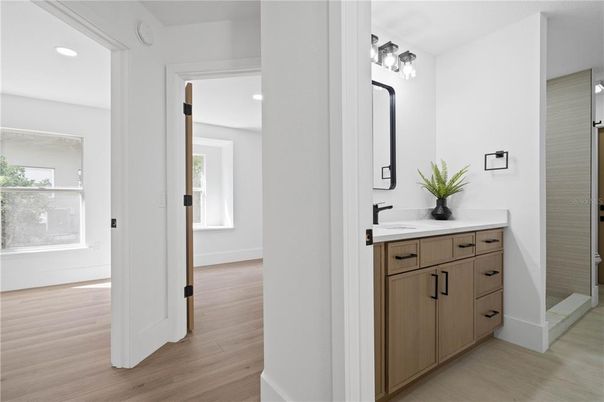 Bathroom, Interior, Recessed Lighting, Wood Texture Flooring