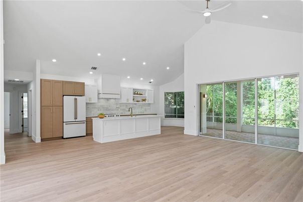 Empty room, Interior, Kitchen, Recessed Lighting, Wood Texture Flooring