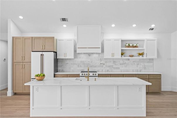 Interior, Kitchen, Marble Walls, Recessed Lighting, Wood Texture Flooring