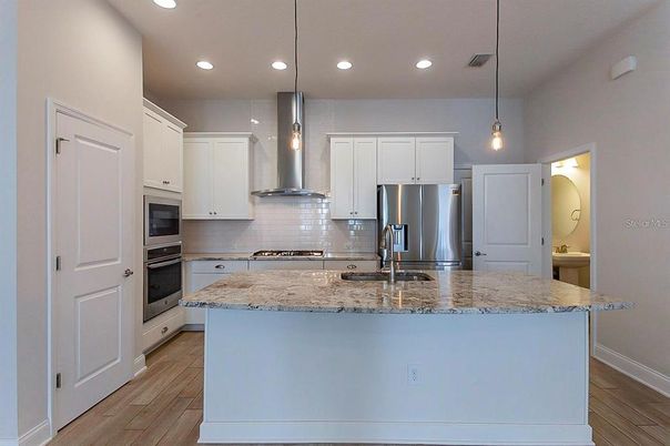 Interior, Kitchen, Pendant Lights, Recessed Lighting, Stainless Steel Appliances, Wood Texture Flooring