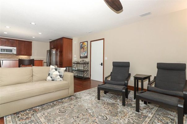 Interior, Kitchen, Living room, Recessed Lighting, Stainless Steel Appliances, Wood Texture Flooring