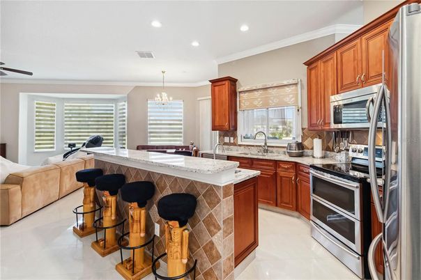 Chandelier, Interior, Kitchen, Recessed Lighting, Stainless Steel Appliances
