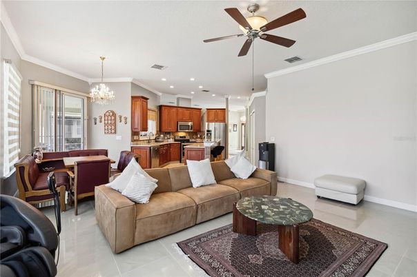 Chandelier, Dining room, Interior, Kitchen, Living room, Recessed Lighting, Stainless Steel Appliances