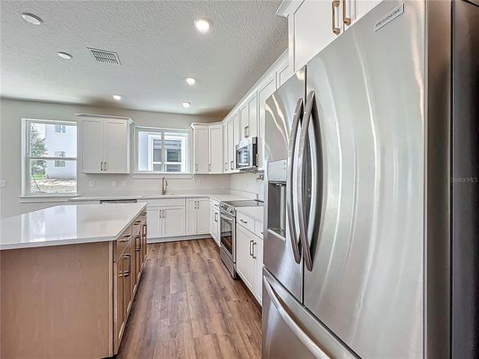 Interior, Kitchen, Recessed Lighting, Stainless Steel Appliances, Wood Texture Flooring
