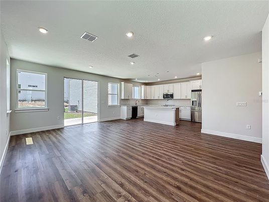 Empty room, Interior, Kitchen, Recessed Lighting, Wood Texture Flooring