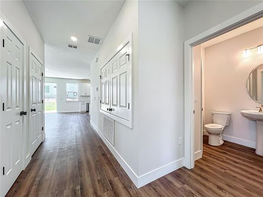 Bathroom, Interior, Recessed Lighting, Wood Texture Flooring