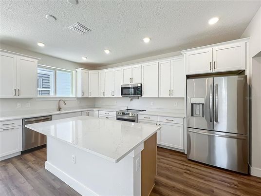 Interior, Kitchen, Recessed Lighting, Stainless Steel Appliances, Wood Texture Flooring