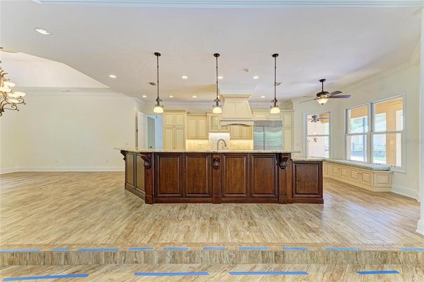 Chandelier, Interior, Kitchen, Pendant Lights, Recessed Lighting, Wood Texture Flooring