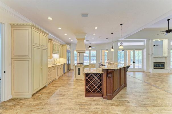 Fireplace, Interior, Kitchen, Pendant Lights, Recessed Lighting, Wood Texture Flooring