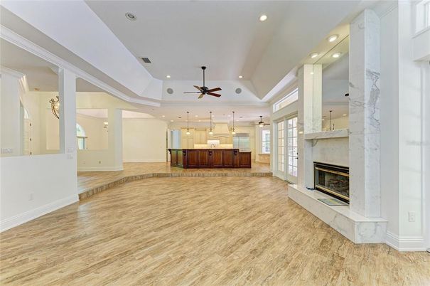 Fireplace, Interior, Pendant Lights, Recessed Lighting, Wood Texture Flooring